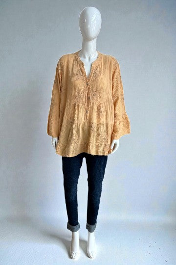 Made in Italy Waffle Cotton Embroided Smock Top