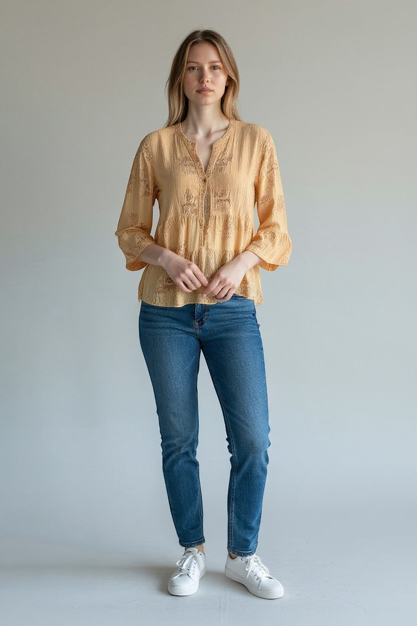 Made in Italy Waffle Cotton Embroided Smock Top