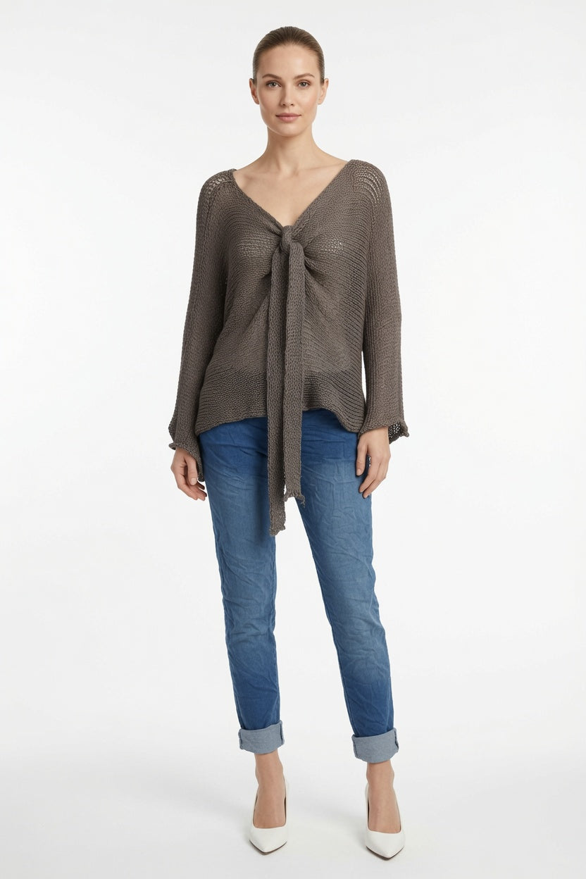 Tie Ruched Cotton Knit Top