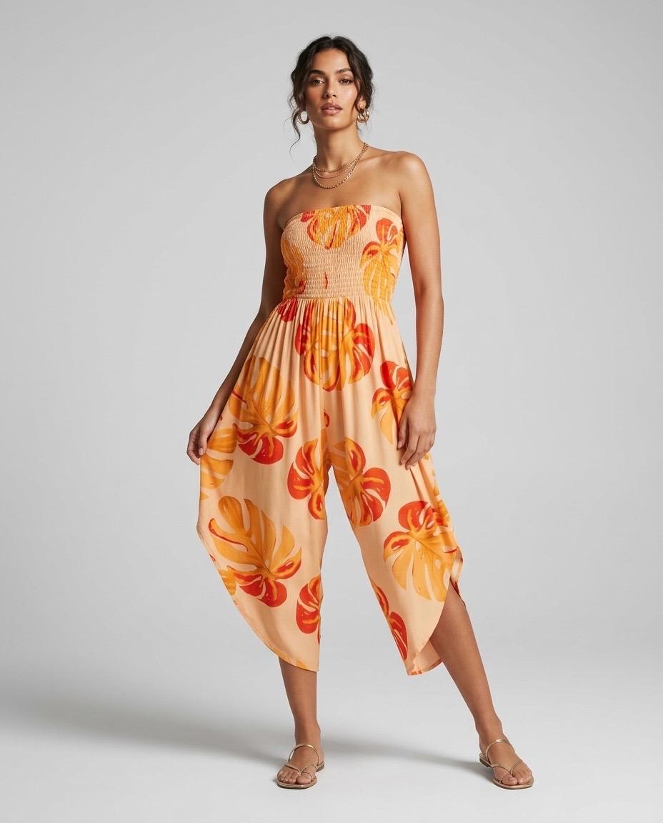 Shirred Elastic Bandeau Leaf Print Jumpsuit