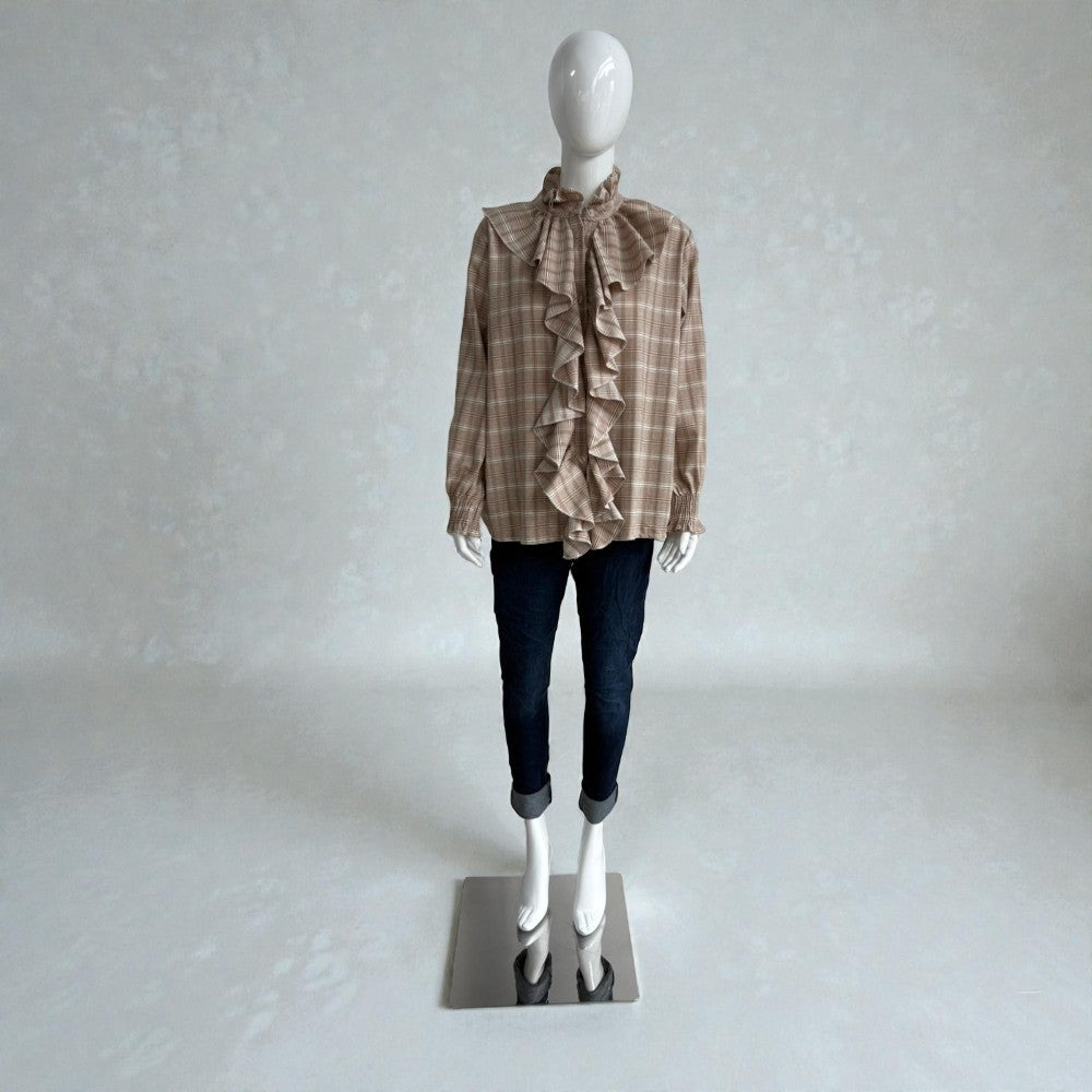Made in Italy Cotton Plaid Frill Blouse