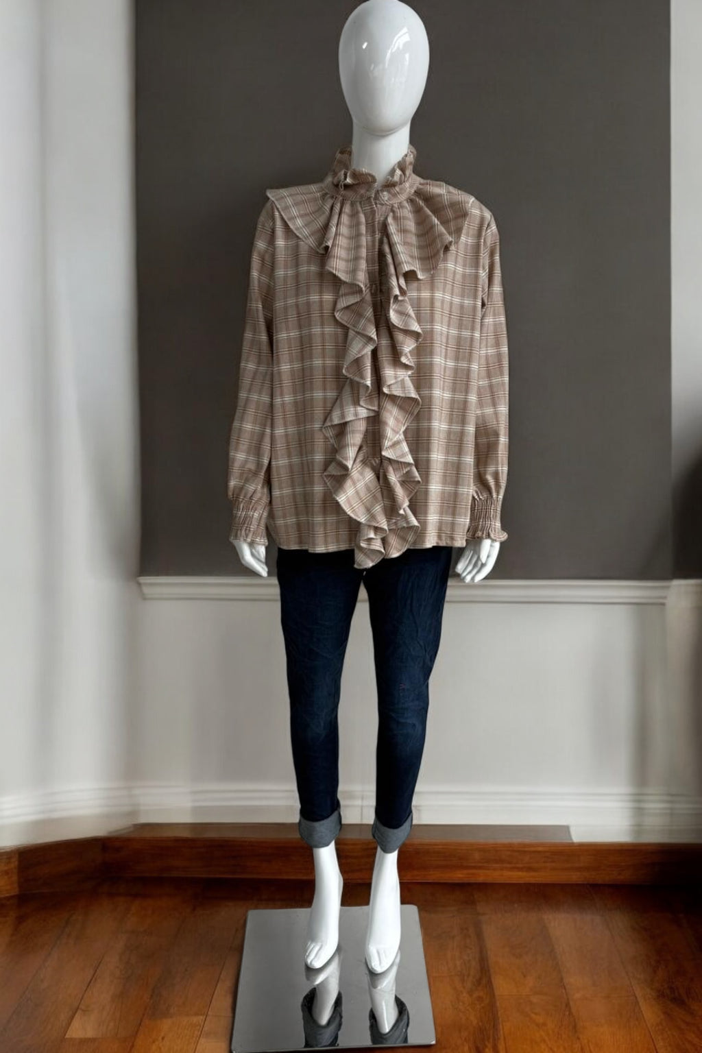 Made in Italy Cotton Plaid Frill Blouse