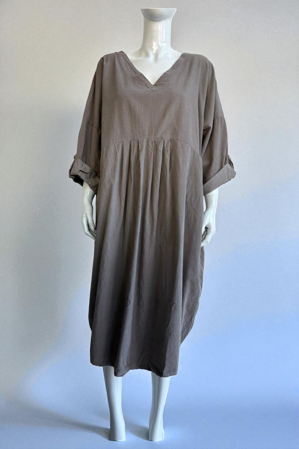 Made in Italy V Neck Corduroy Pleat Dress