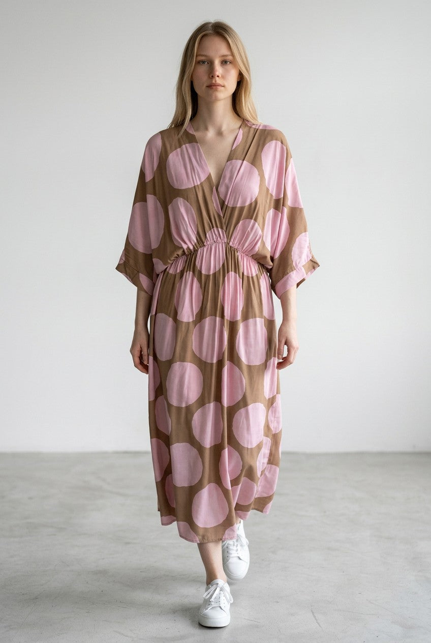 V Neck Elasticated waist Polka dot Dress