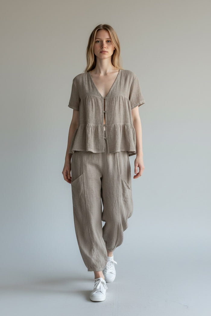 Linen Button Front Tier Top Lagenlook
