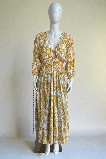 V- Neck Shirred Elastic Printed Dress