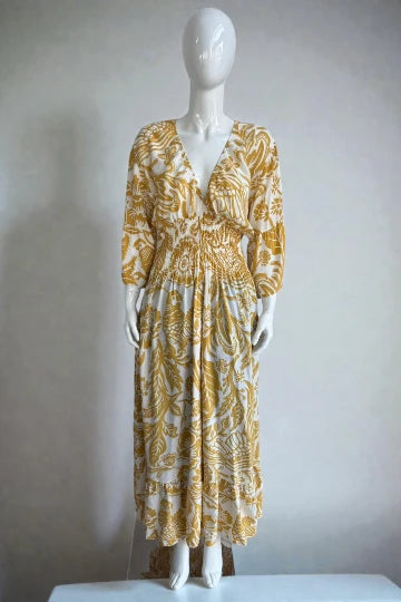 V- Neck Shirred Elastic Printed Dress