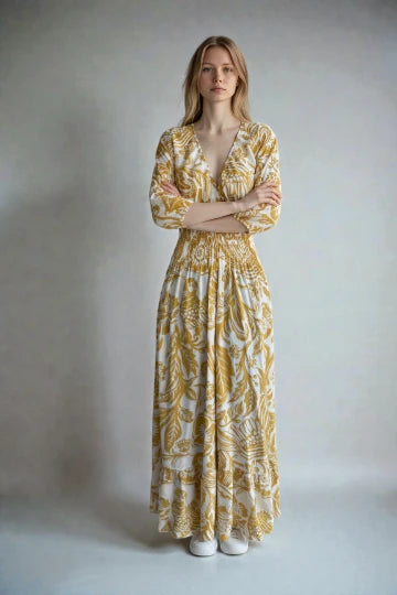 V- Neck Shirred Elastic Printed Dress