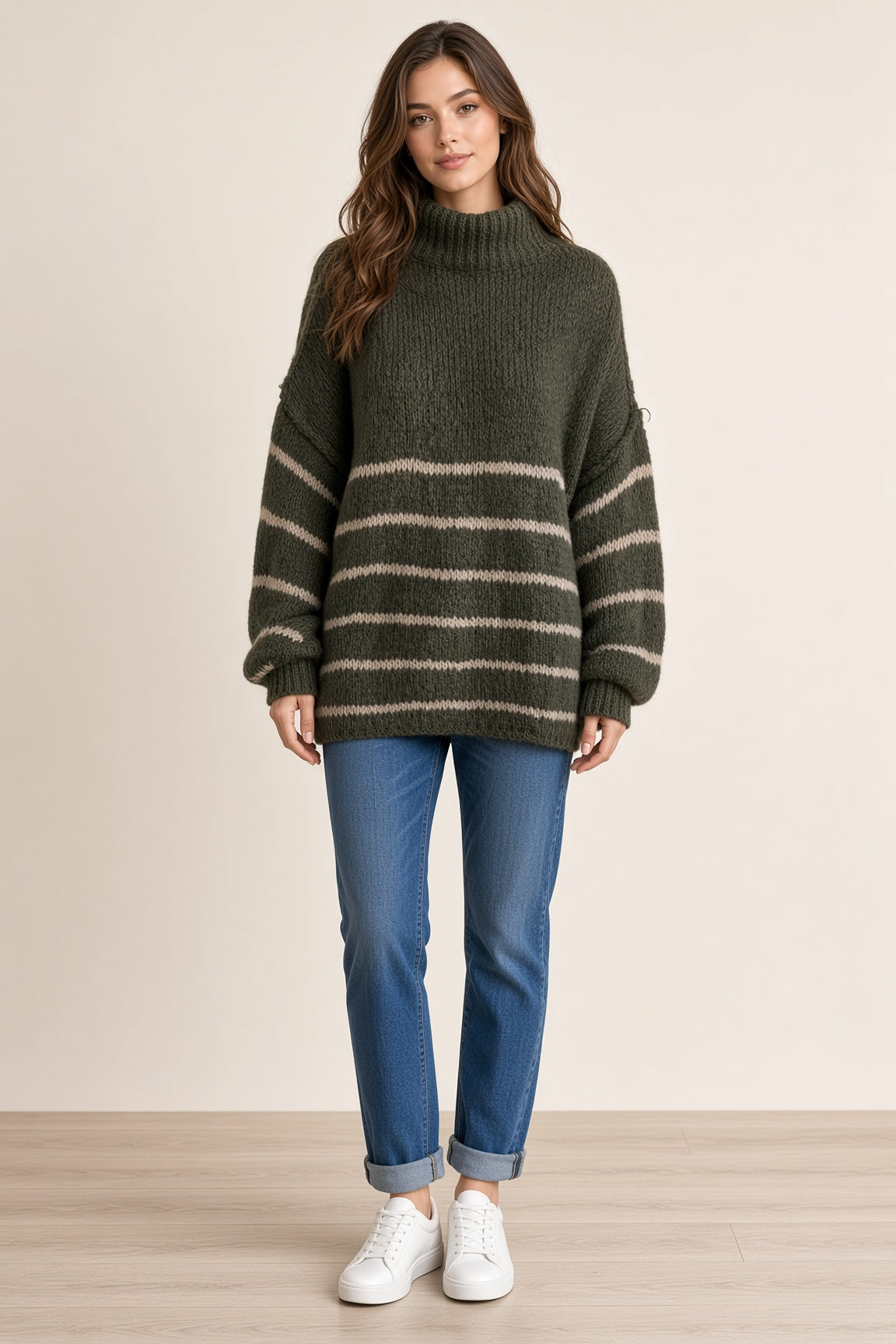 Wool Stripe Balloon Sleeve Jumper