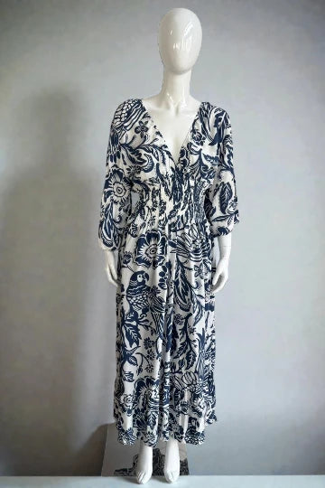 V- Neck Shirred Elastic Printed Dress