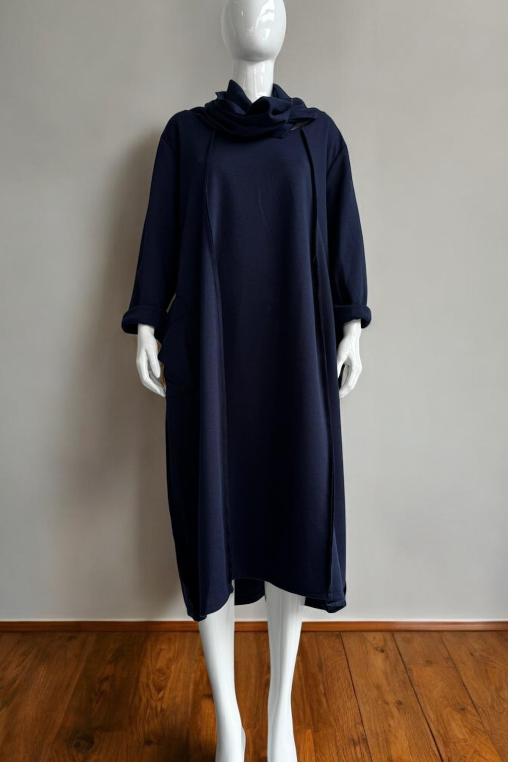 Oversized Long-Sleeve Casual Midi Dress with Cowl Neck
