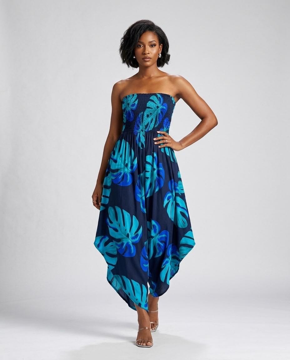 Shirred Elastic Bandeau Leaf Print Jumpsuit