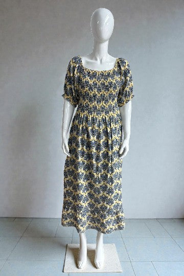 Shirred Elasticated Printed Waffle Cotton Bardot Dress