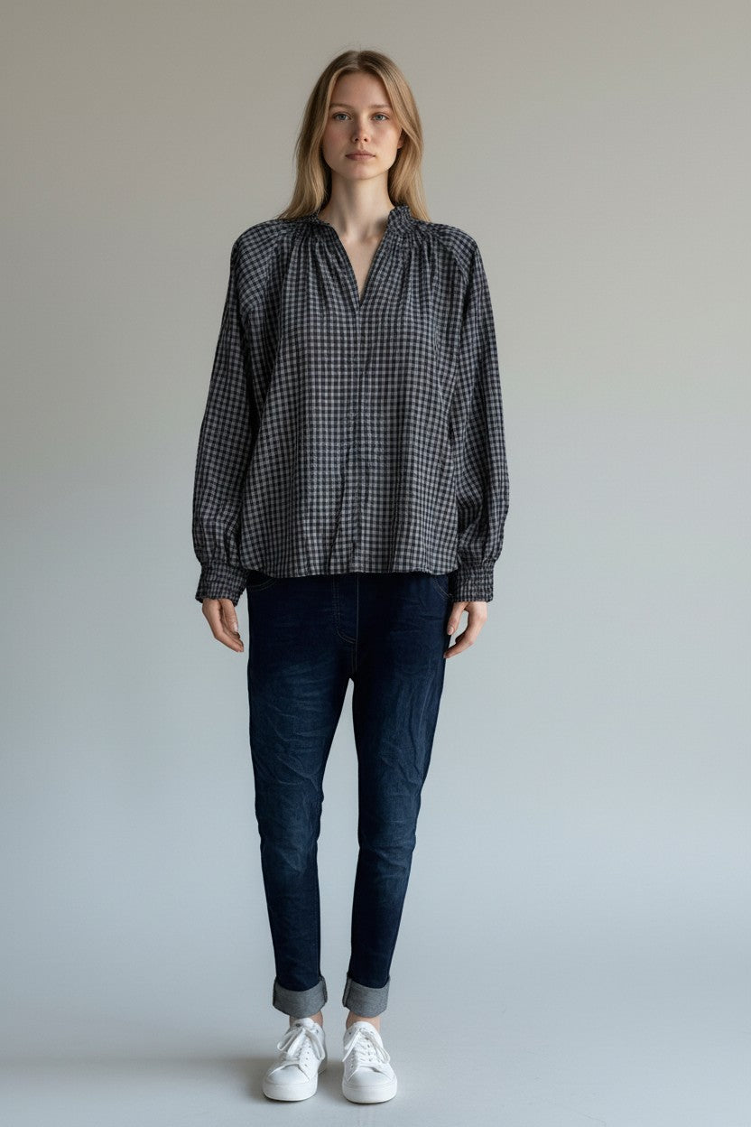 Gingham Peasant Blouse with Smocked Cuffs
