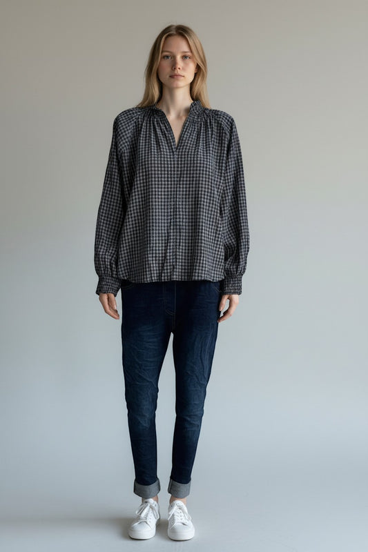 Gingham Peasant Blouse with Smocked Cuffs