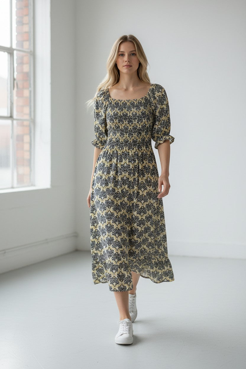 Shirred Elasticated Printed Waffle Cotton Bardot Dress