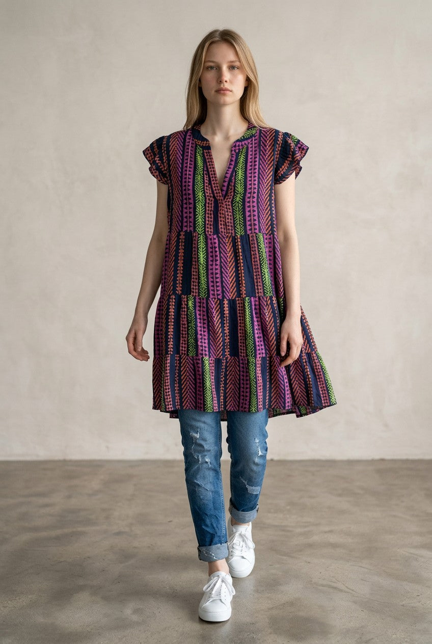 Waffle Cotton Printed Smock Dress