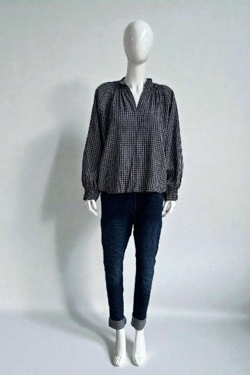 Gingham Peasant Blouse with Smocked Cuffs