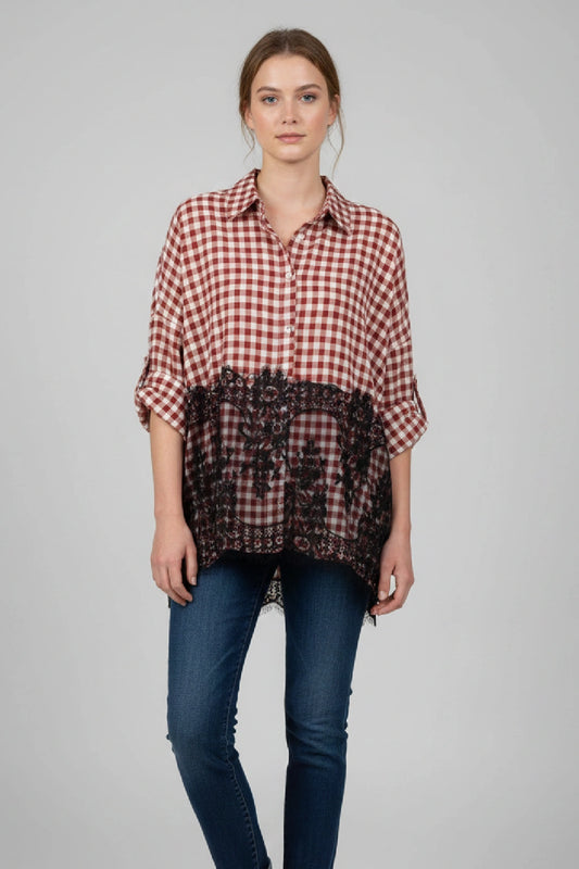 Women’s Gingham Button Down Shirt with Lace Detail