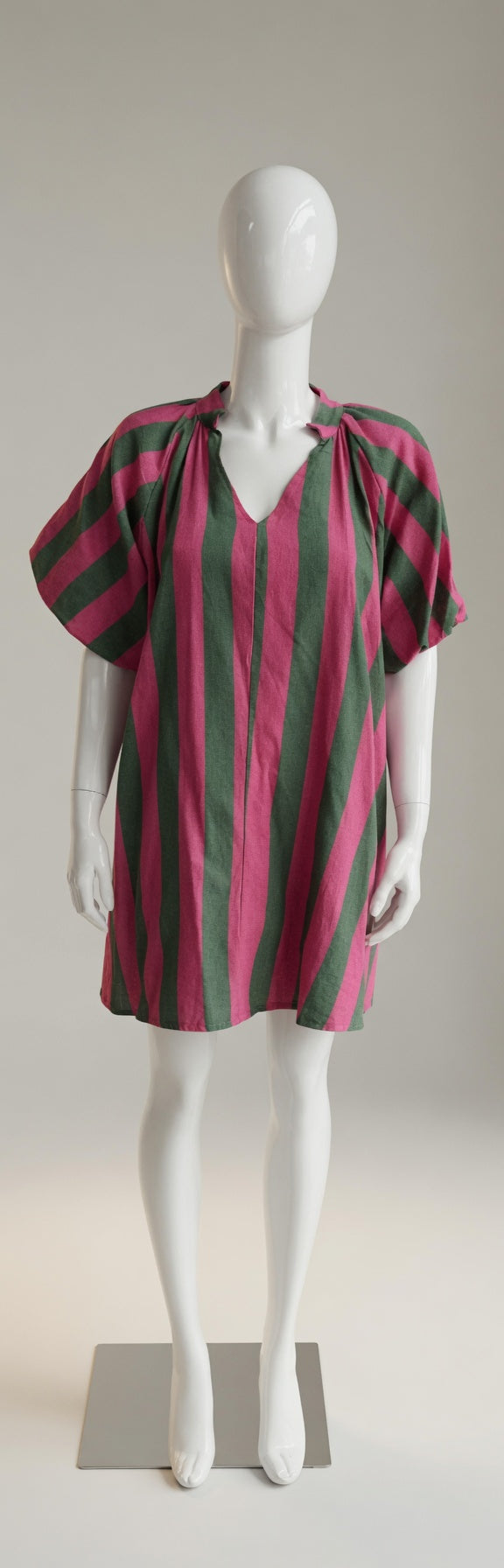 Stripe V Neck Balloon Sleeve Dress