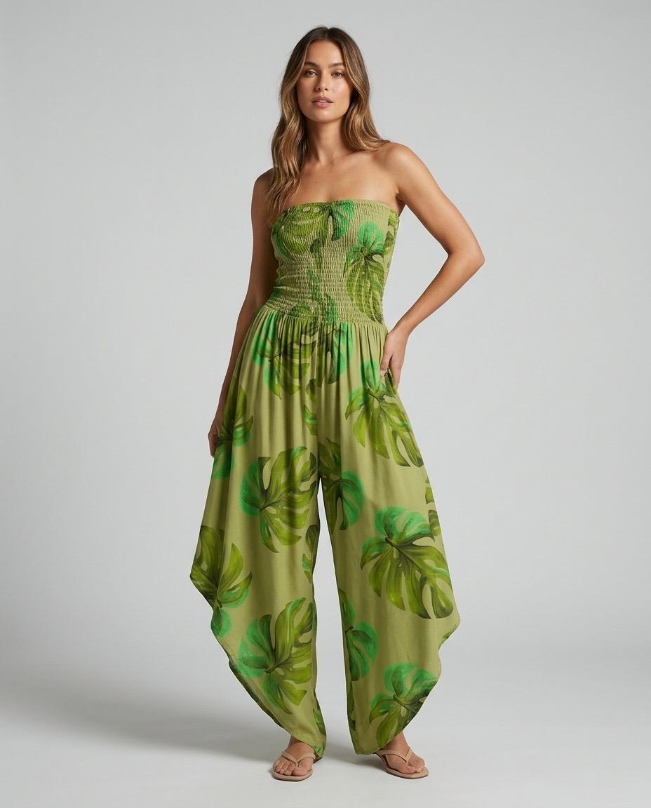 Shirred Elastic Bandeau Leaf Print Jumpsuit