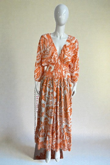 V- Neck Shirred Elastic Printed Dress