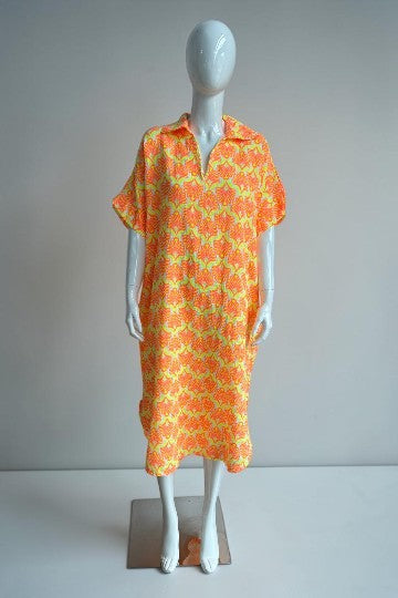 Cotton V Neck Printed Dress Lagenlook