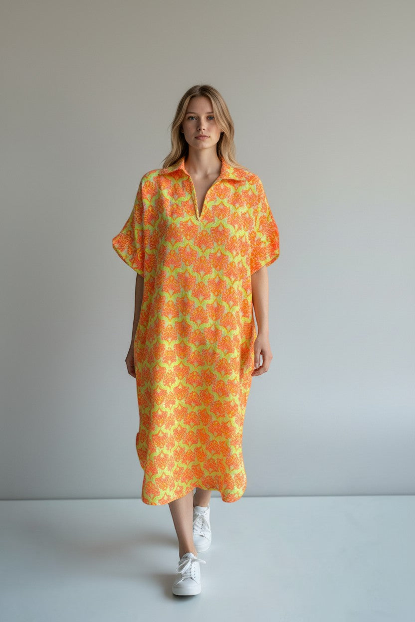 Cotton V Neck Printed Dress Lagenlook