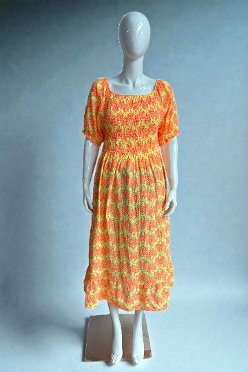 Shirred Elasticated Printed Waffle Cotton Bardot Dress