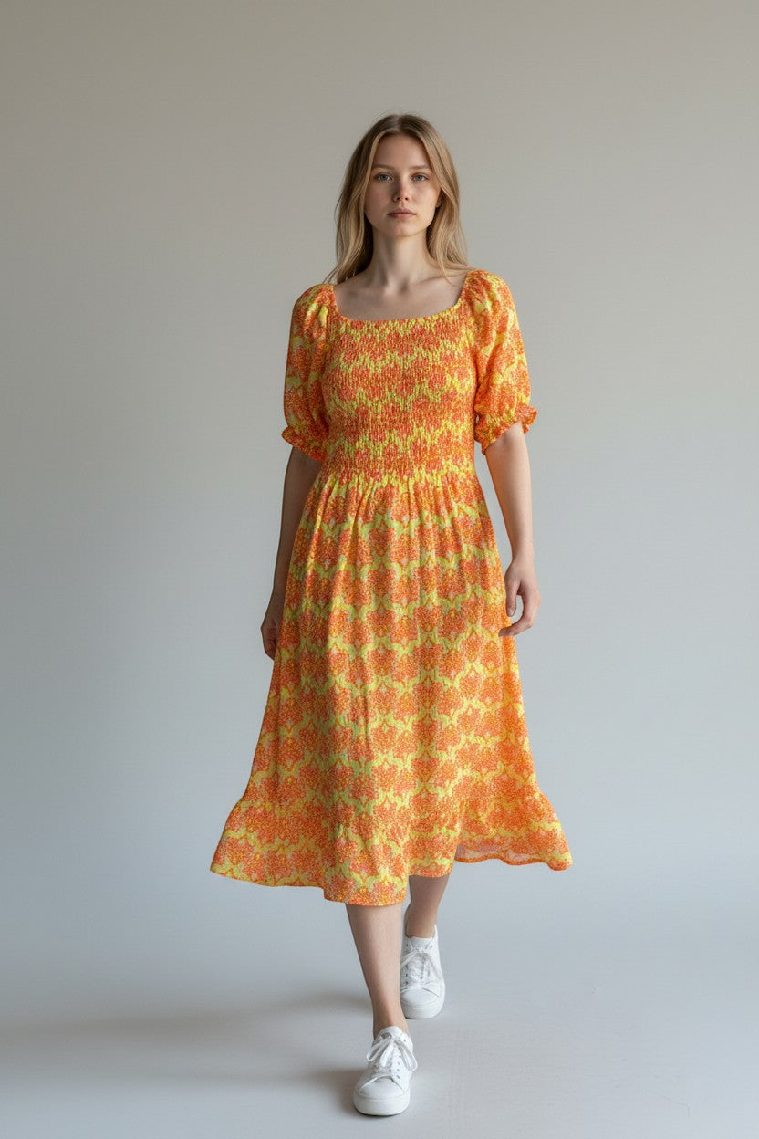 Shirred Elasticated Printed Waffle Cotton Bardot Dress