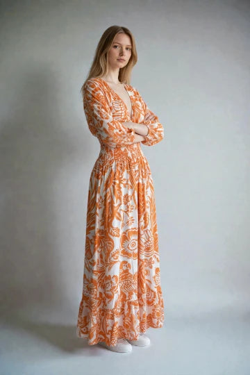 V- Neck Shirred Elastic Printed Dress