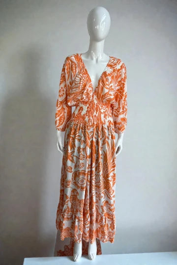 V- Neck Shirred Elastic Printed Dress