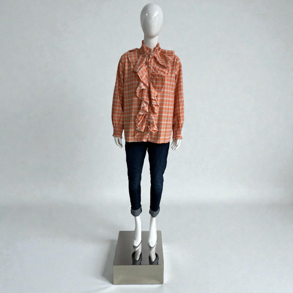Made in Italy Cotton Plaid Frill Blouse