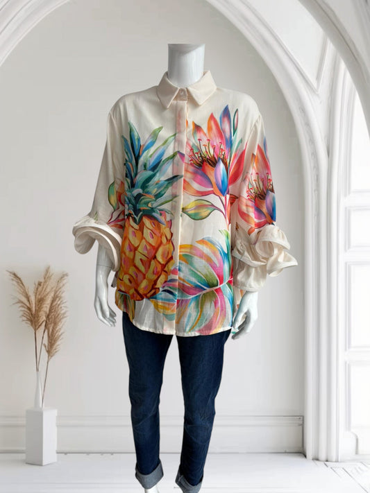 Italian Floral Print Flute Sleeve Shirt
