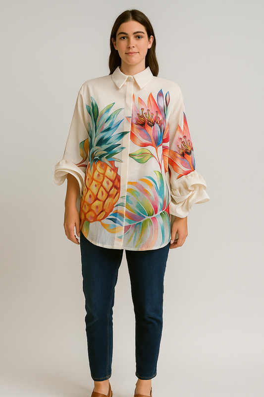 Italian Floral Print Flute Sleeve Shirt