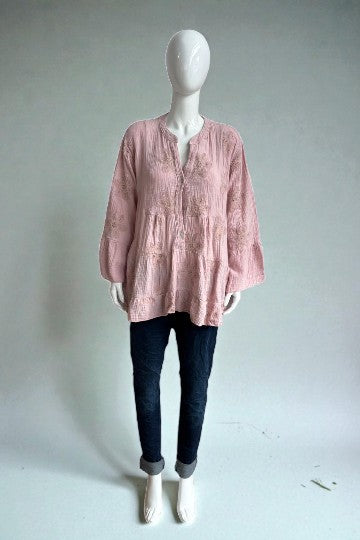 Made in Italy Waffle Cotton Embroided Smock Top