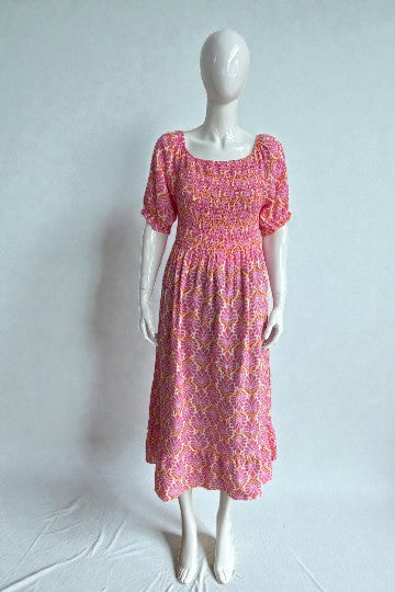 Shirred Elasticated Printed Waffle Cotton Bardot Dress