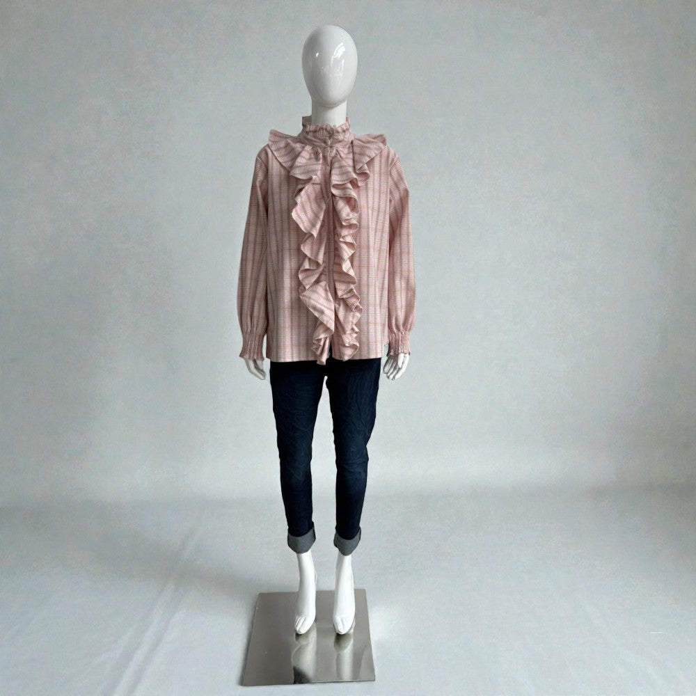 Made in Italy Cotton Plaid Frill Blouse