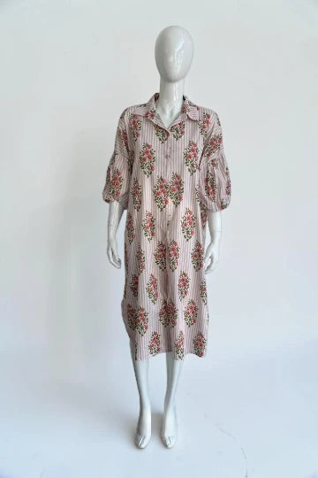 Cotton Puffball Sleeve stripe Floral Shirt Dress