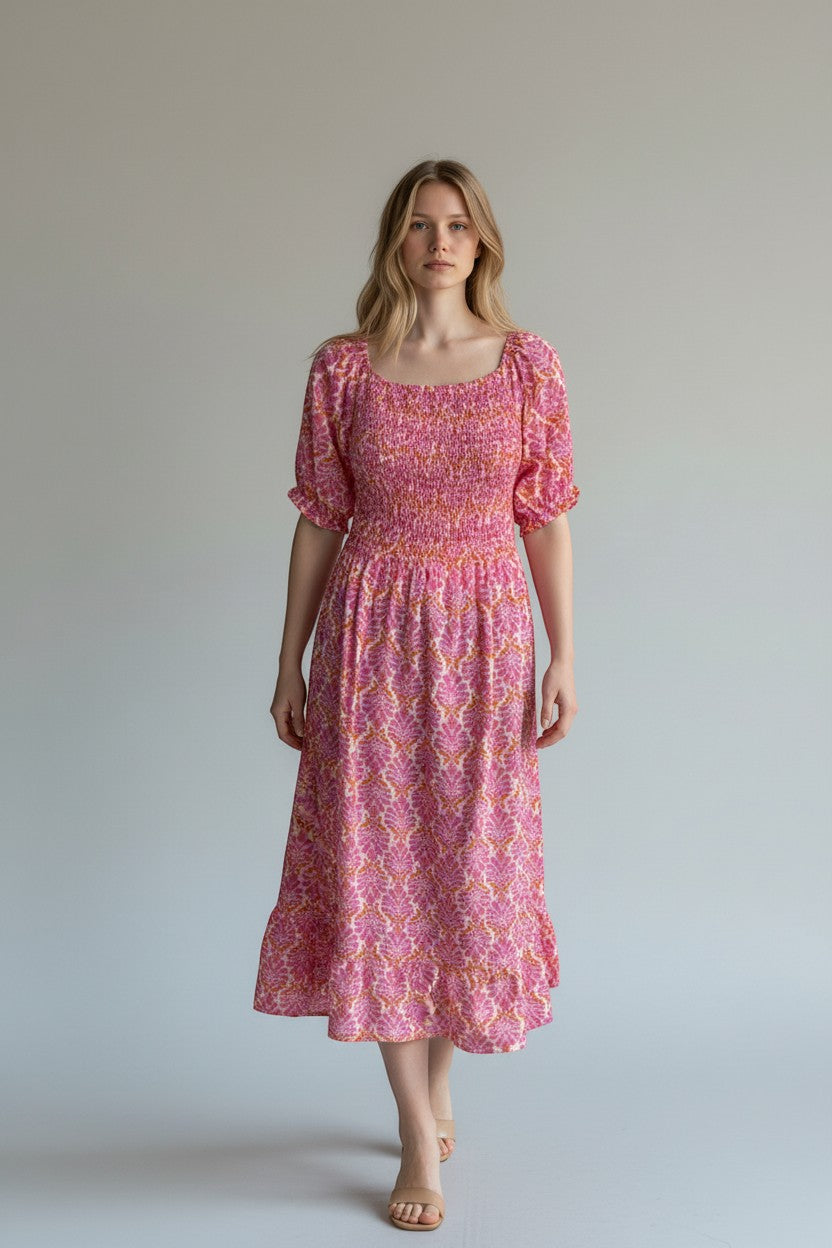 Shirred Elasticated Printed Waffle Cotton Bardot Dress