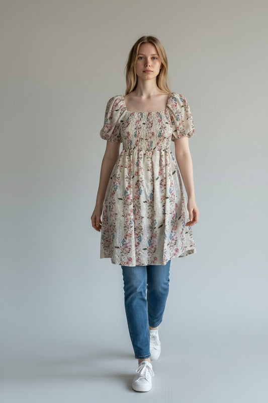 Zetaotto Shirred Elastic Printed Broidery Dress