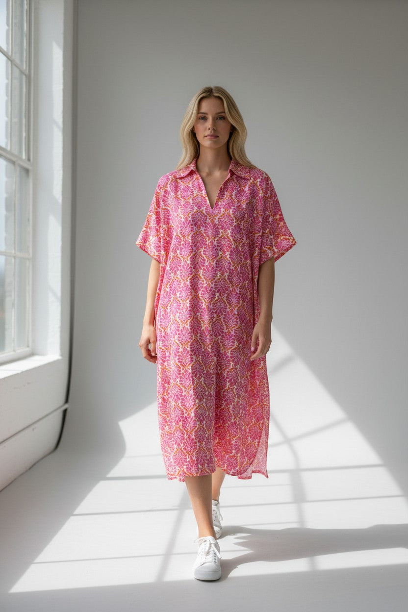 Cotton V Neck Printed Dress Lagenlook