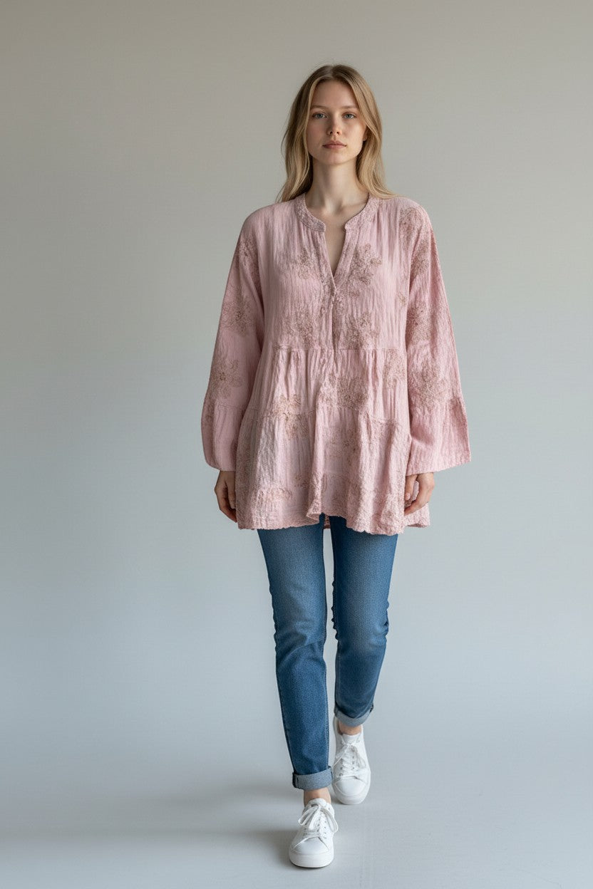 Made in Italy Waffle Cotton Embroided Smock Top