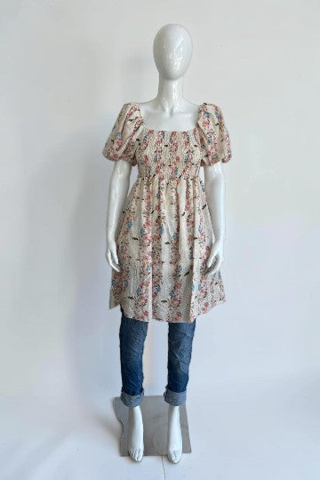 Zetaotto Shirred Elastic Printed Broidery Dress