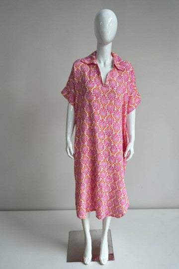 Cotton V Neck Printed Dress Lagenlook