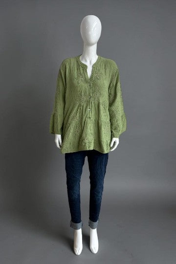 Made in Italy Waffle Cotton Embroided Smock Top