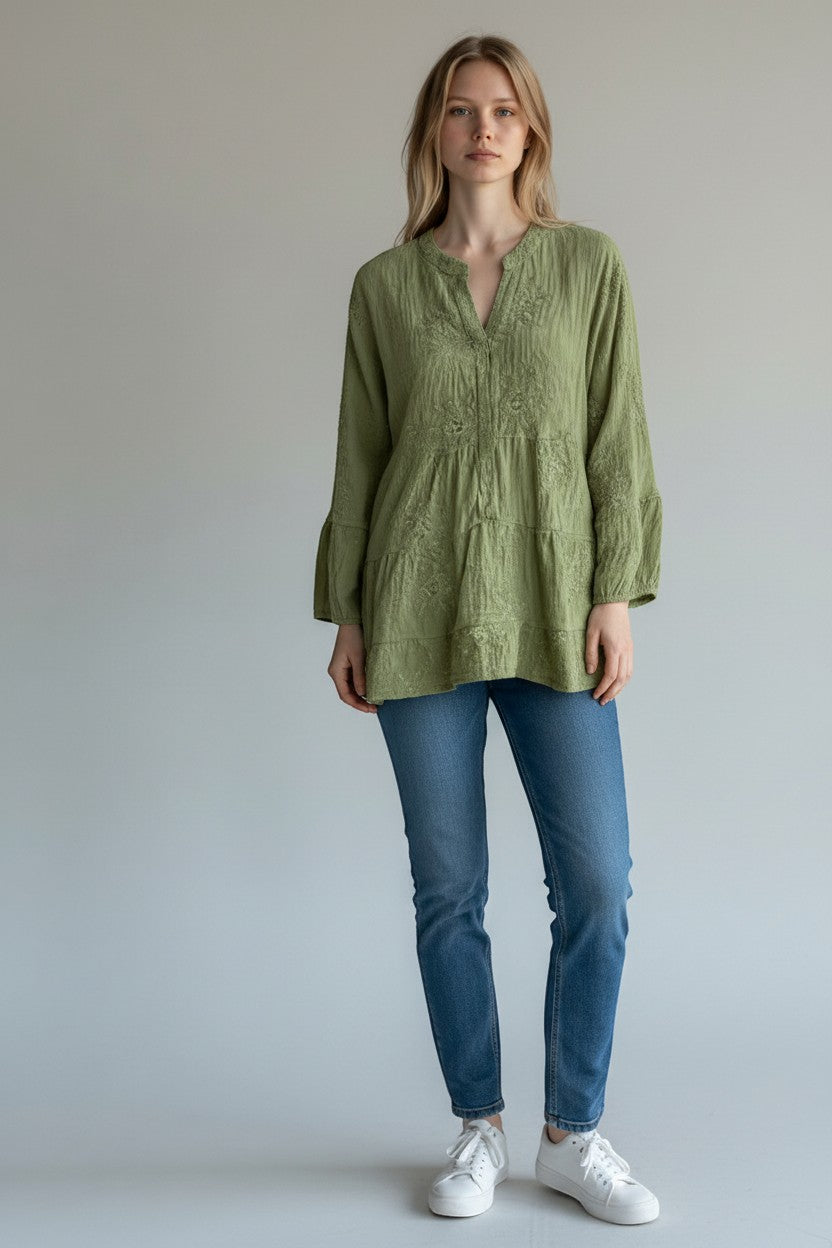 Made in Italy Waffle Cotton Embroided Smock Top