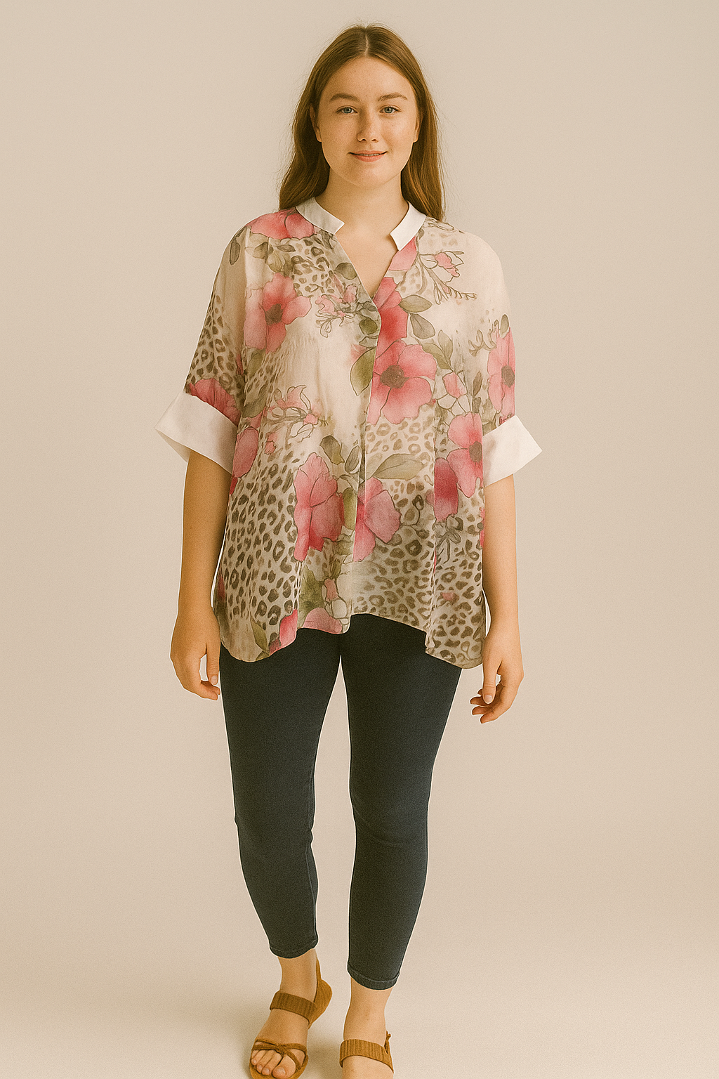 Floral Tencel Cuff Sleeve Top Lagenlook