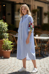 Zetaotto Embroided Balloon Sleeves  Stripe shirt Dress