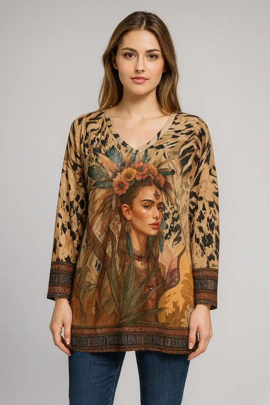 Made in Italy V Neck Print Top